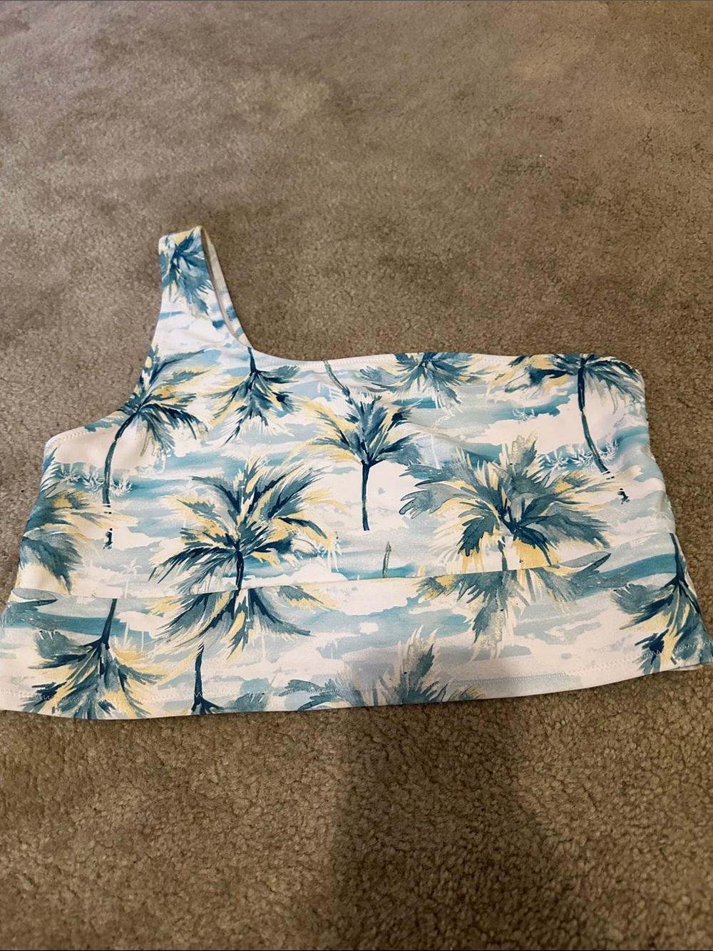 Old Navy White and Teal Palm-Print Swim Top